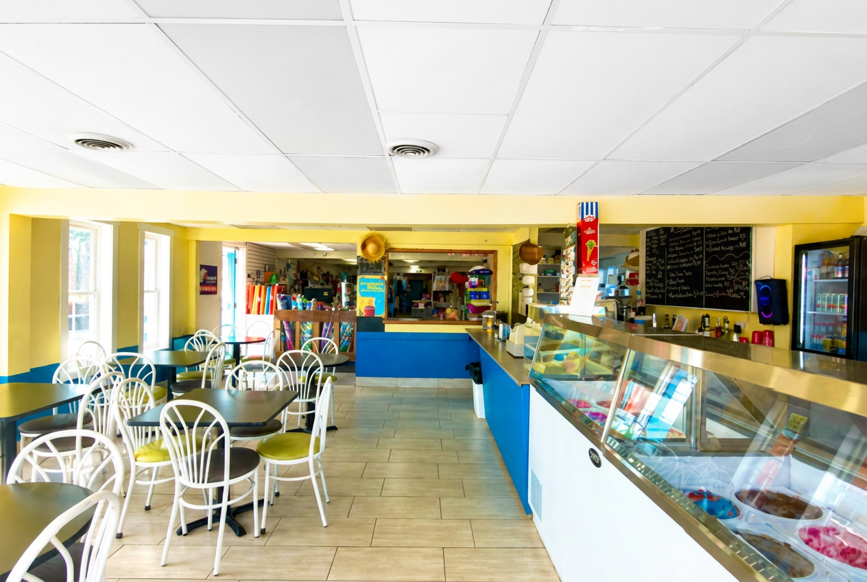 Bright indoor dining area with ice cream counter and variety shelves