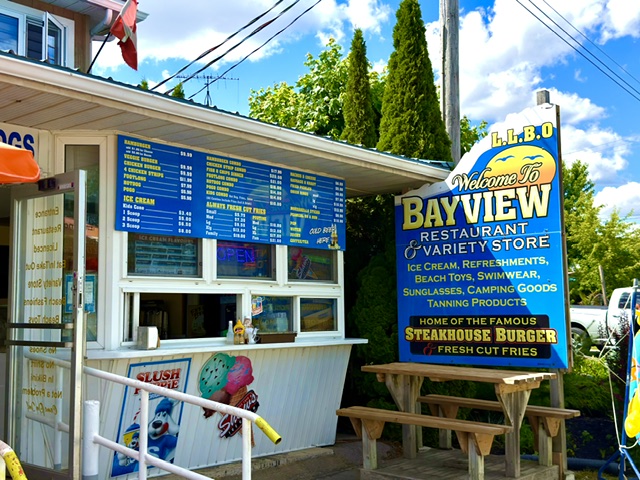 Bayview takeout window with full menu board and welcome sign