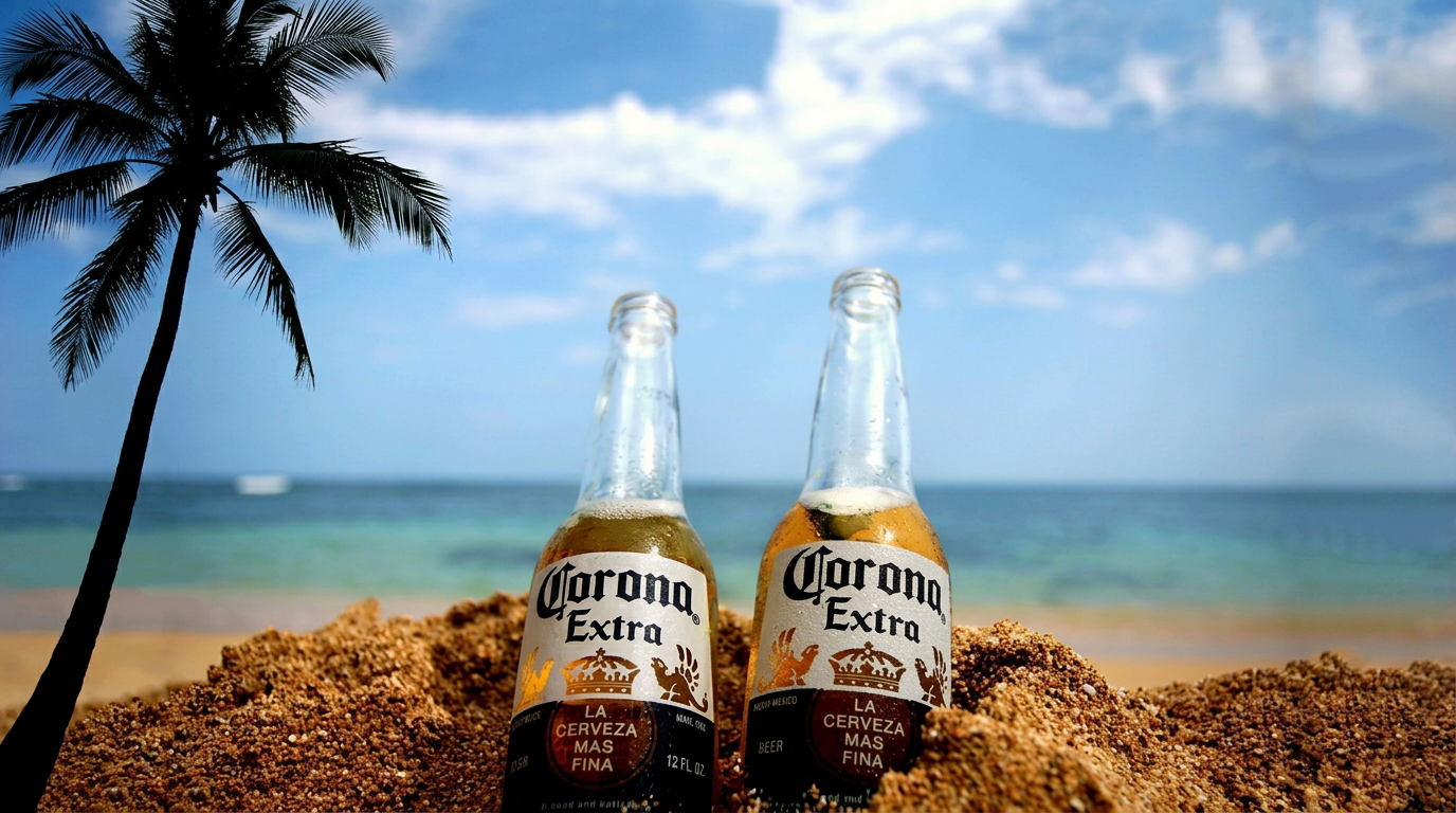 Two Corona Extra bottles in the sand on a tropical beach with palm tree and turquoise water