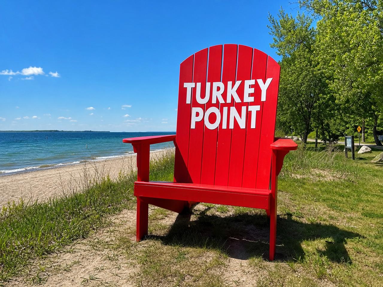 Iconic giant red Turkey Point Adirondack chair sign overlooking Lake Erie beach